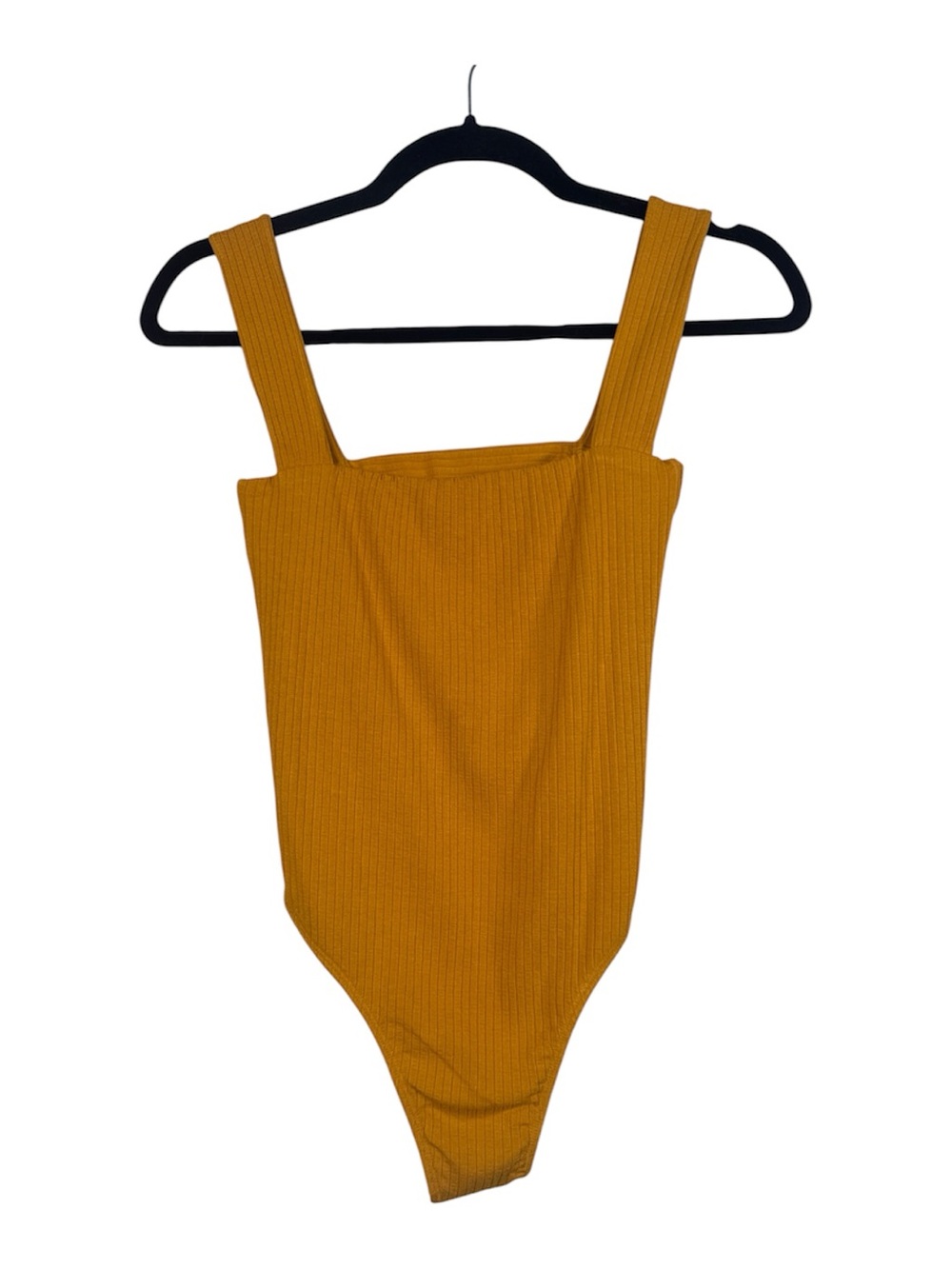 Farm Rio Mustard Yellow Ribbed Knit Bodysuit Womens S Casual Square Neckline NWT